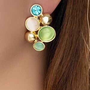 Cluster earrings with sparkling crystals in sage, turquoise, glazed white NWT